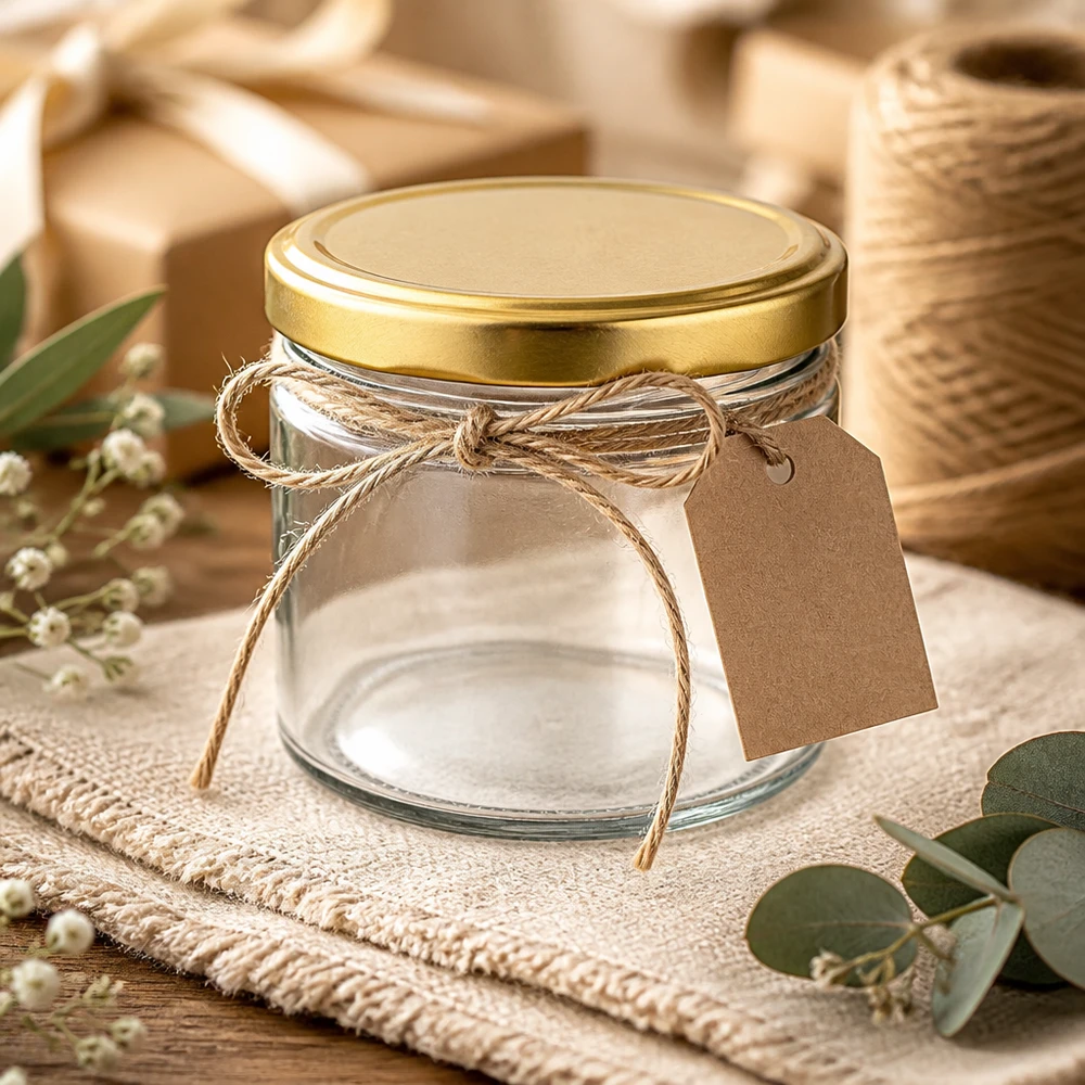540 ml ronde pot met BasicSeal deksel goud leeg gedecoreerd met jute lint cadeaulabel rustieke sfeer