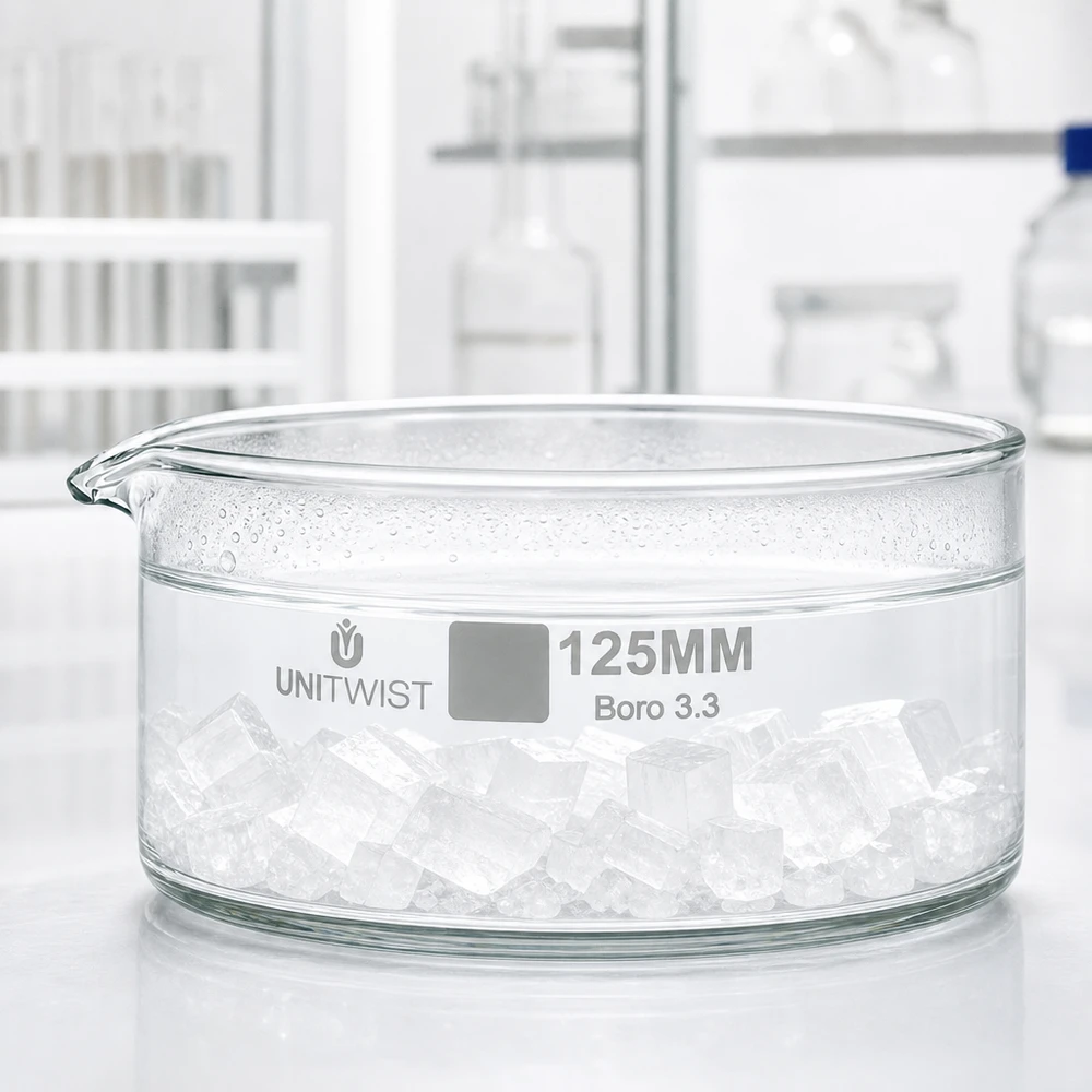 Kristalliseer schaal ø125mm borosilicaatglas UNiTWIST Doorzichtige laboratoriumschaal van 125 mm, borosilicaatglas Boro 3.3, voor verdamping en kristallisatie