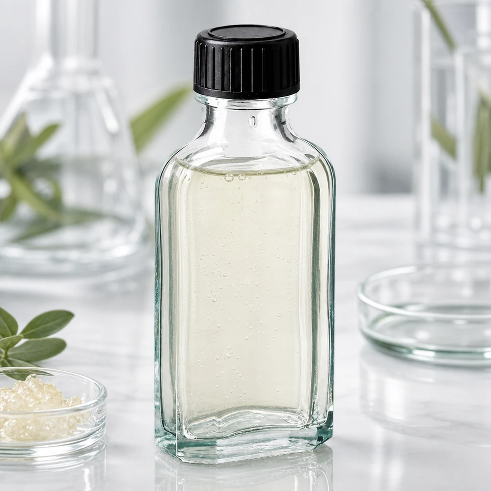 Vulflacon van 50 ml van helder glas met LKD-afdichtingsring, naast glazen schaaltjes en plantentakjes