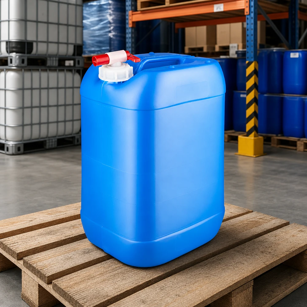 Grote jerrycan van 25 liter, blauw, met veilige eenhandskraan voor het mobiel vervoeren van vloeistoffen