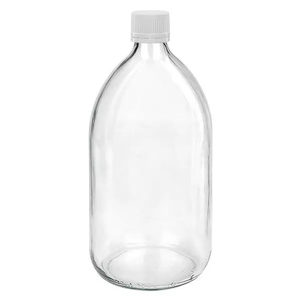 1000ml Euro-medicijnfles helder met witte gegroefde schroefsluiting VR 1000ml Euro-medicijnfles helder met witte gegroefde schroefsluiting VR