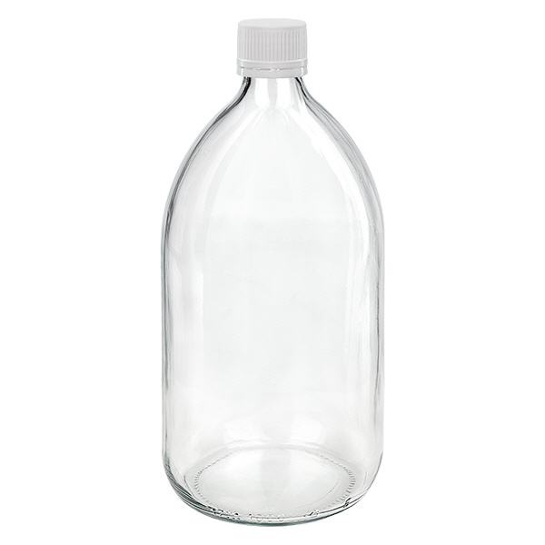1000ml Euro-medicijnfles helder met witte gegroefde schroefsluiting VR 1000ml Euro-medicijnfles helder met witte gegroefde schroefsluiting VR