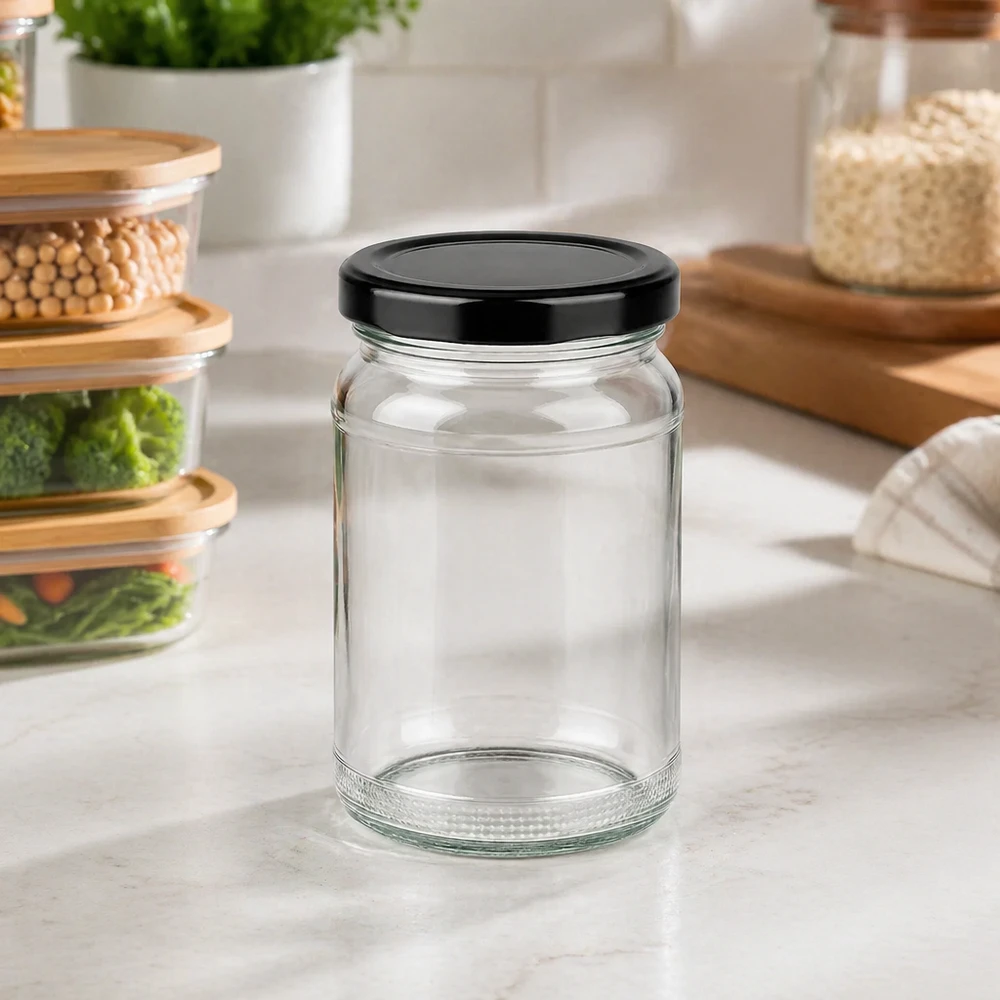 UNiTWIST rond glas 110ml in moderne keuken op werkblad met voorraadpotten op de achtergrond