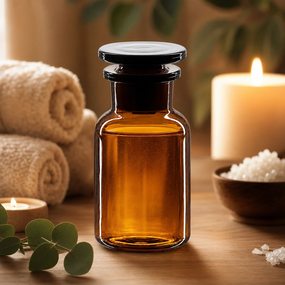 Klassieke apothekersfles van bruin glas, 100 ml, brede hals met stop, spa & wellness