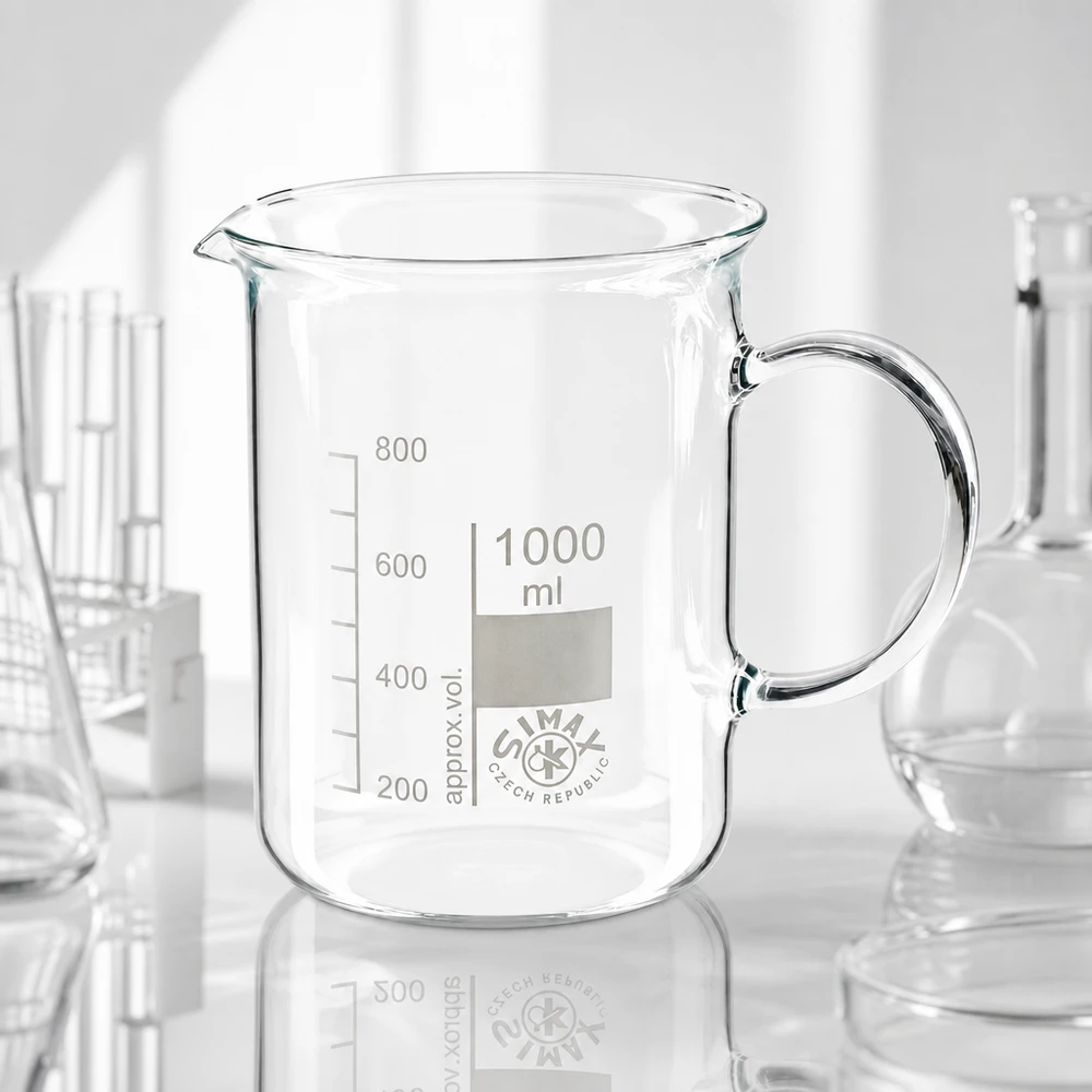 Hittebestendige glazen beker van 1000 ml met handvat voor laboratorium, keuken en huishoudelijk gebruik