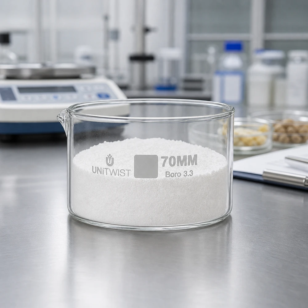 Kristallisatieschaal Boro 3.3 UNiTWIST ø70 mm met fijn wit granulaat en een analyseweegschaal op de achtergrond