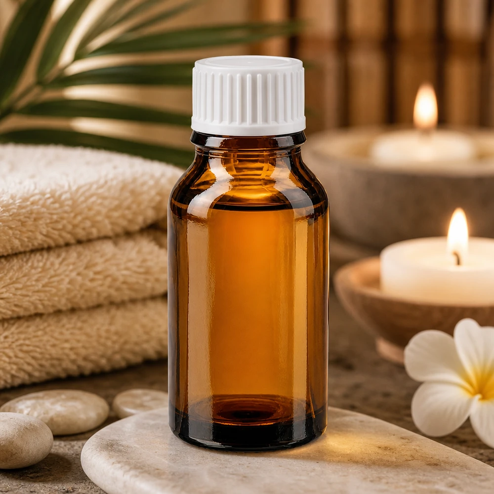 Glazen flesje met UV-bescherming, 15 ml, bruin met witte schroefdop, voor aromatherapie en natuurlijke cosmetica