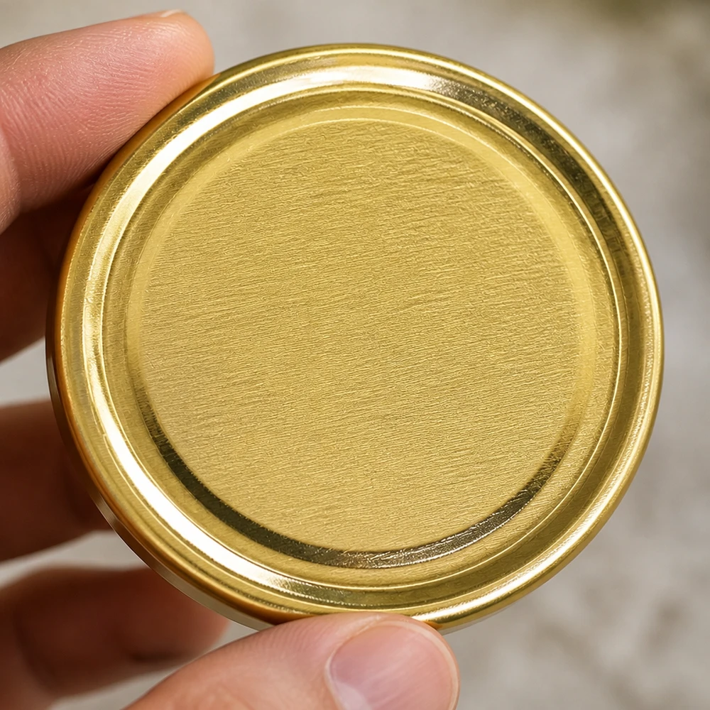 UNiTWIST TO43 goud, BioSeal, BPA-NI, unitemp Vingers houden het gouden TO43-metalen deksel van onderaf vast: UNiTWIST BioSeal BPA-NI unitemp