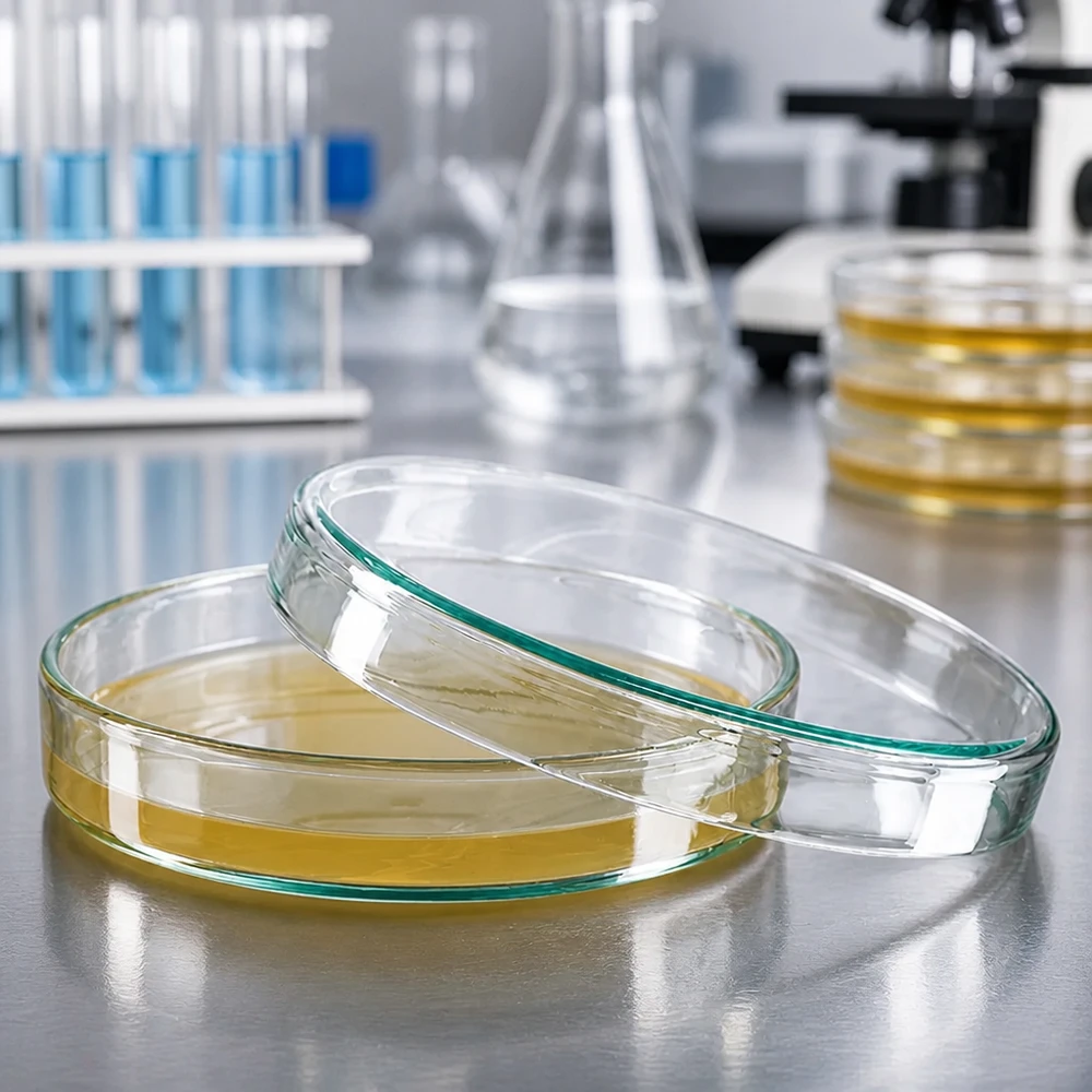 Petrischaal 100x20 mm van glas Stapelbare petrischalen van 100 x 20 mm glas in het microbiologisch laboratorium met microscoop