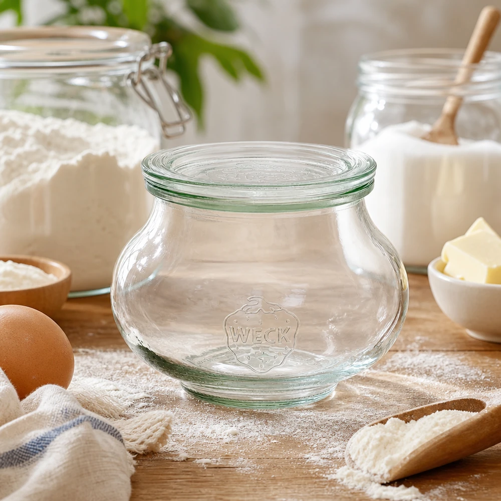 WECK decoratieve pot 560ml RR80 leeg in bakkeuken tussen bloem, eieren en bakingrediënten voor het bewaren van ingrediënten