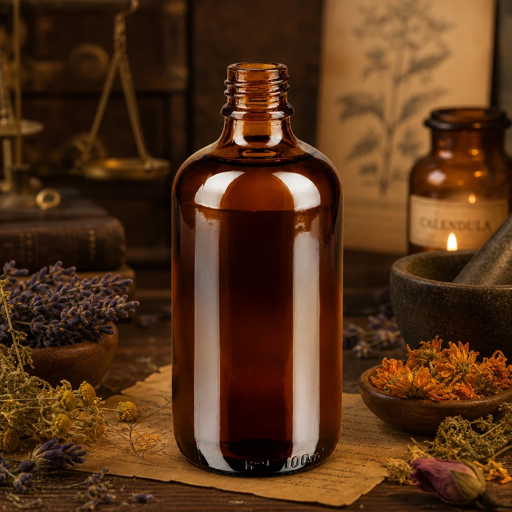 100ml bruine apothekersfles ApoGlas met gedroogde geneeskrachtige kruiden en vijzel in traditionele kruidenapotheek