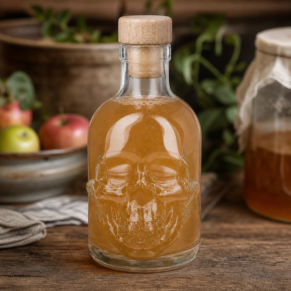 200 ml glazen fles Jack skull met amberkleurige vulling in een keukensfeer met appels en potten kruiden