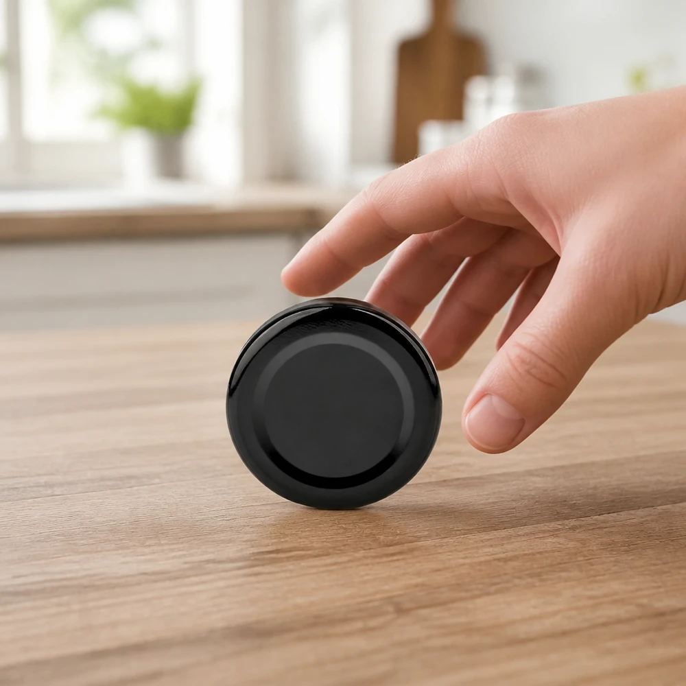 TO43 Inmaakdeksel 43 mm in zwart wordt met de vingers van de keukentafel opgepakt