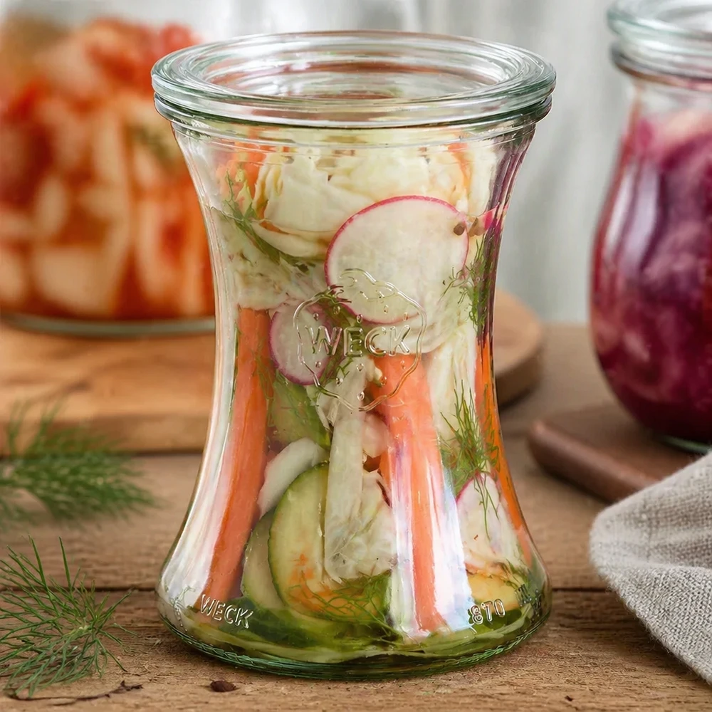 WECK delicatessenpot 370ml RR80 gevuld met ingemaakte groenten en dille toont veelzijdig gebruik voor het inmaken
