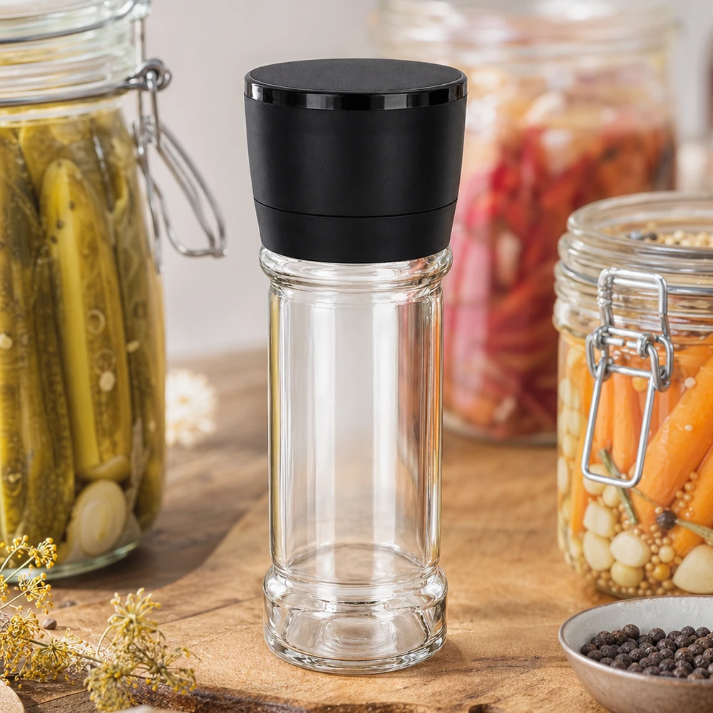Lege kruidenpot van 100 ml met zwarte Vario-molen, met daarachter ingemaakte groenten in inmaakpotten