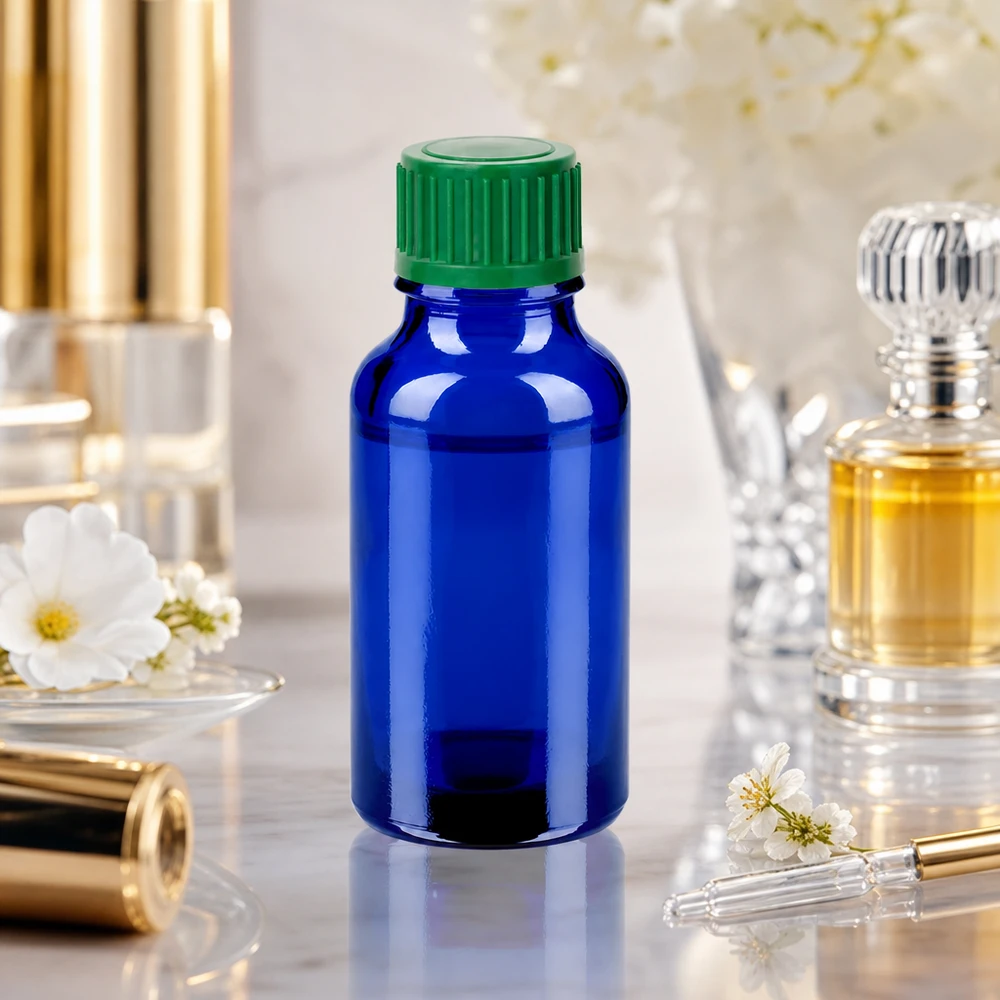 20 ml druppelfles met lichtbeschermend blauw glas om de stabiliteit van gevoelige stoffen te behouden