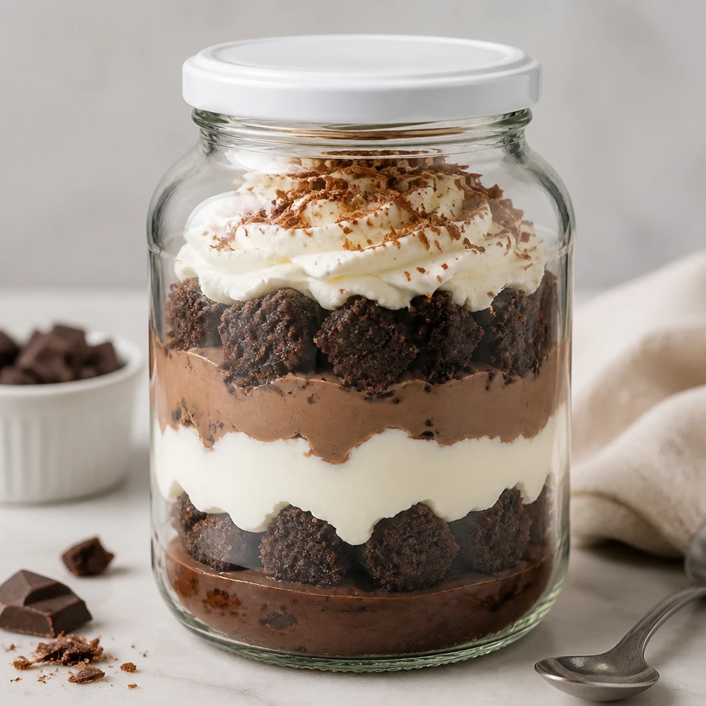 370ml ovaal glas met BasicSeal deksel wit UNiTWIST 370 ml ovale UNiTWIST pot met wit BasicSeal deksel gevuld met chocolade dessert tiramisu perfect om te portioneren