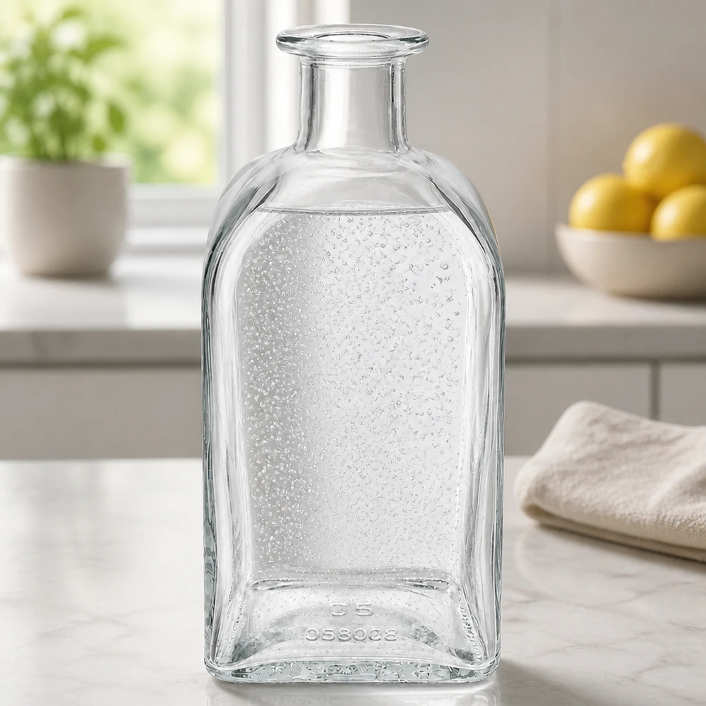 500ml Julia glazen fles in moderne keuken op marmeren aanrecht met waterdruppels en natuurlijk licht