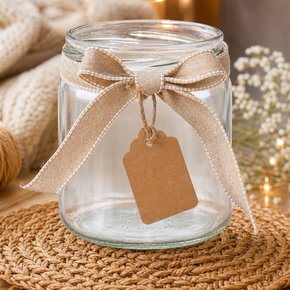 UNiTWIST Runda408 rond glas 408ml TO82 decoratief met lint en label als geschenkverpakking op een rieten mat