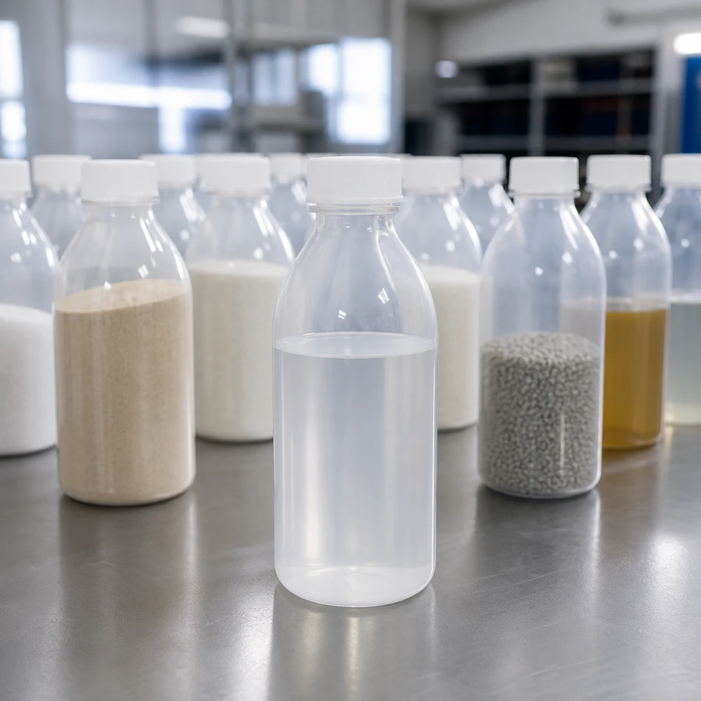 Nauwe hals laboratoriumfles 250ml met schroefsluiting Schroefflessen van 250 ml met zandgranulaat, poeder en olie in een professionele laboratoriumomgeving