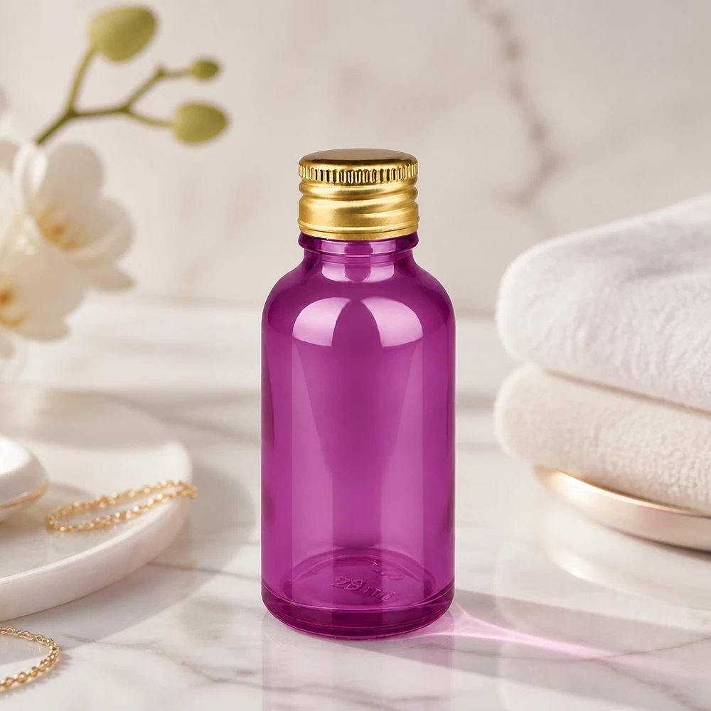 30ml flacon 11mm schroefdop aluminium gouden standaard PurpleLine. UT18/30 Klein paars glazen flesje van 30 ml, ideaal voor reisformaten en monsters, met stevige aluminium dop