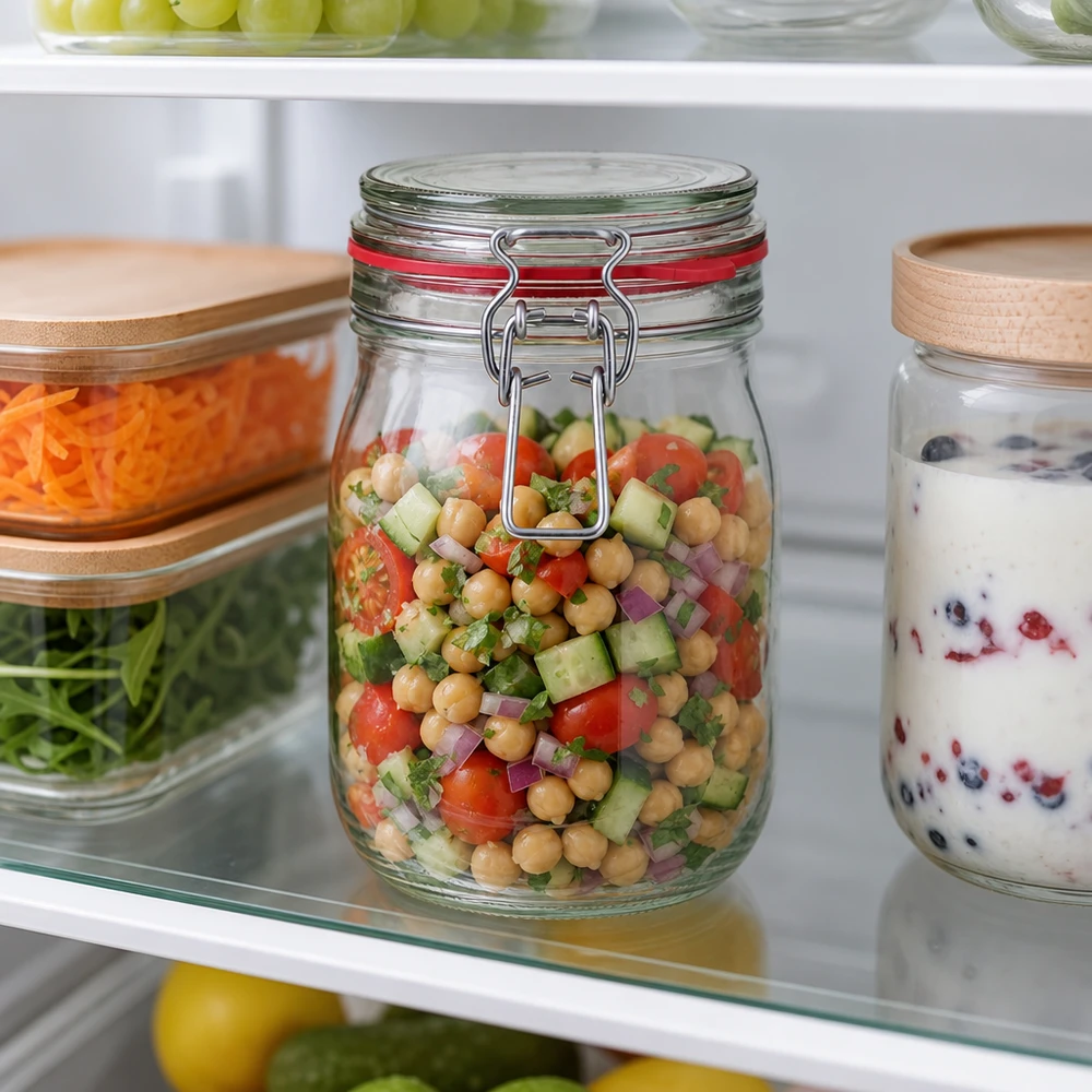 Glazen voorraadpot 1140ml met draaidop voor salades en maaltijdvoorbereiding in de koelkast