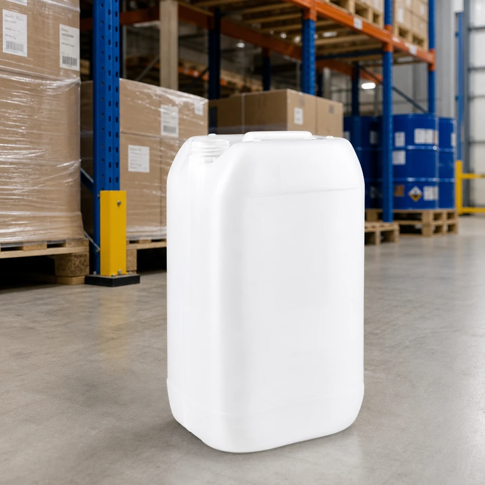 15l jerrycan, UN-toelating, zonder schroefsluiting Rechthoekige witte jerrycan van 15 liter zonder sluiting, bestemd voor de opslag van chemische vloeistoffen