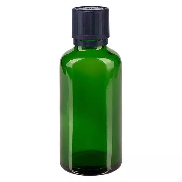 Groenen glazen flessen 50ml met zwart druppelsluiting 1mm kinderslot Bilw. VR Groenen glazen flessen 50ml met zwart druppelsluiting 1mm kinderslot Bilw. VR