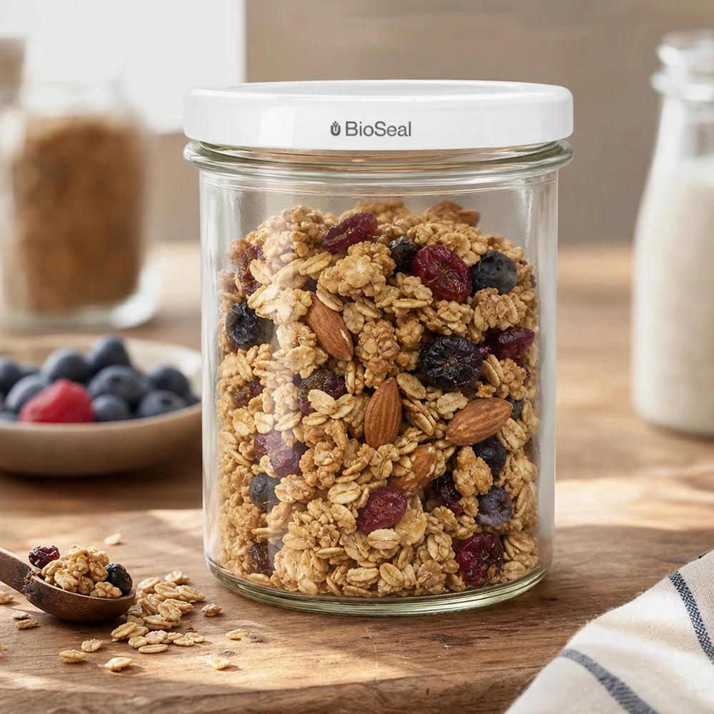 350ml bekers met BioSeal deksel wit UNiTWIST UNiTWIST Sturz350 voorraadpot gevuld met muesli toont praktisch keukengebruik van het witte TO82 BioSeal deksel