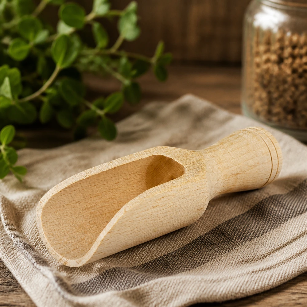 Houten schep S van beukenhout 7,5cm op linnen doek met kruiden en kruidenpotje natuurlijk keukengerei