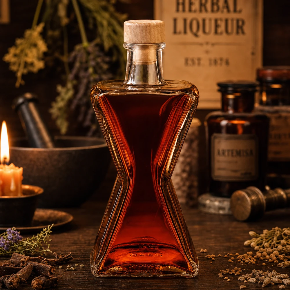 200 ml glazen fles Star met houten kurk UNiTWIST® 200ml Ster glazen fles gevuld met rode kruidenlikeur - UNiTWIST houten kurk in sfeervolle apothekers setting
