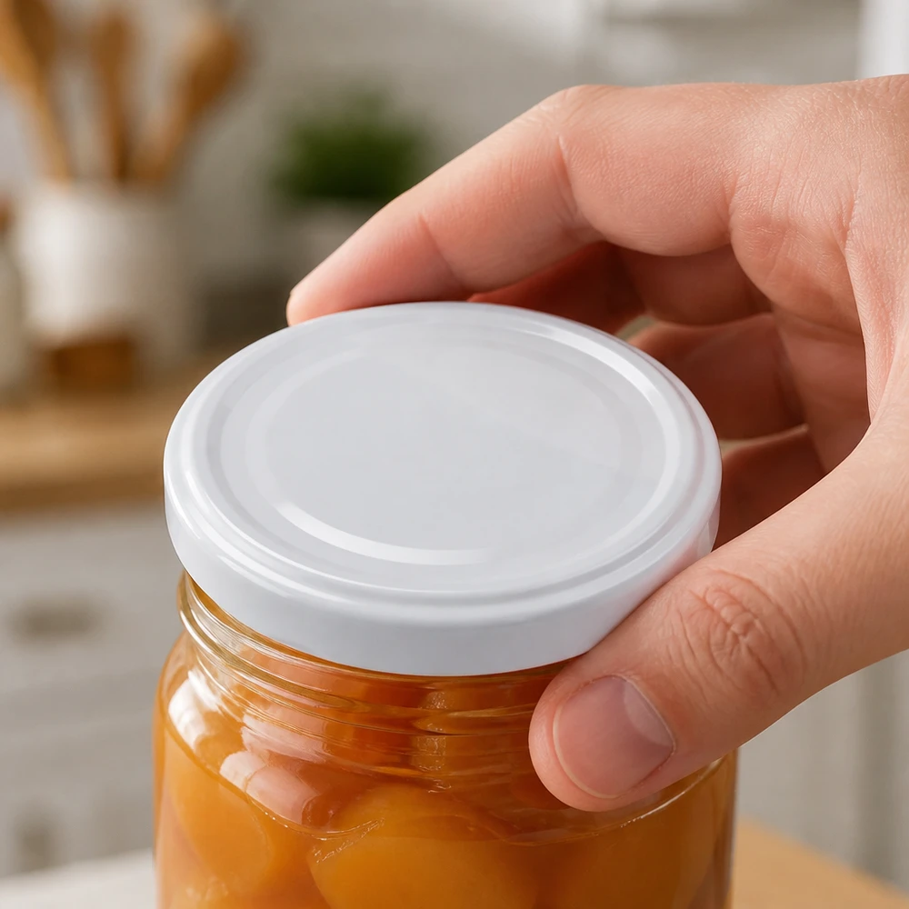 Witte BasicSeal UniTwist-inmaakdeksel van 43 mm op een gevulde Einweck-pot