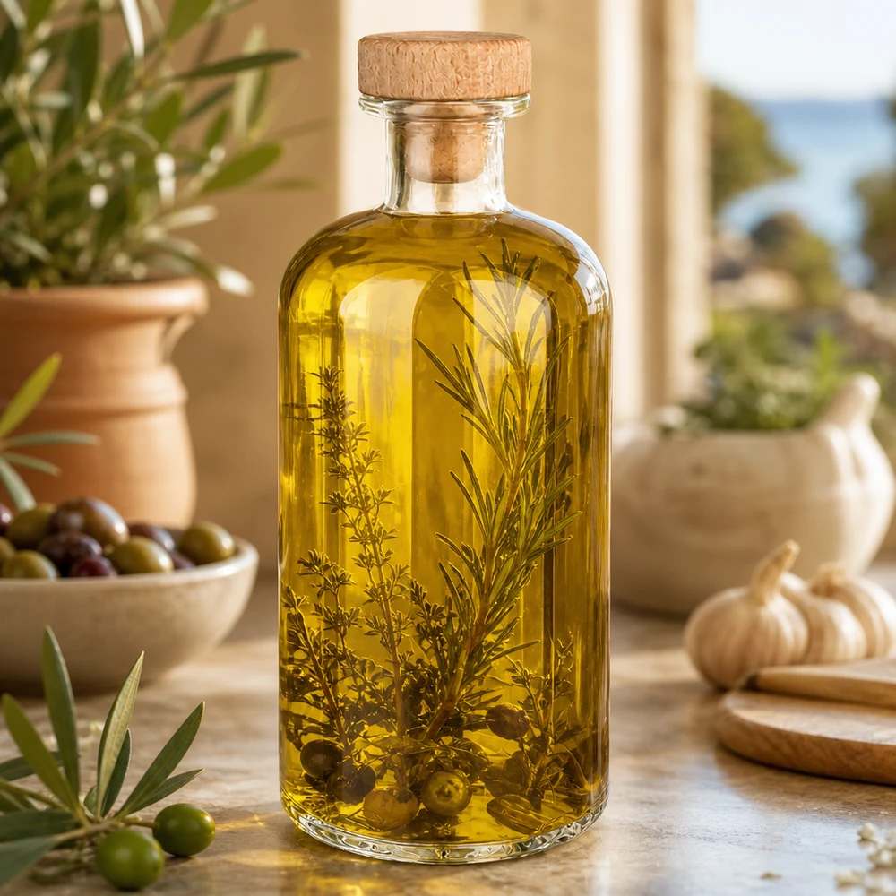 Glazen fles Flora 500ml gevuld met kruidenolie tussen olijven rozemarijn en knoflook Mediterrane keukensfeer