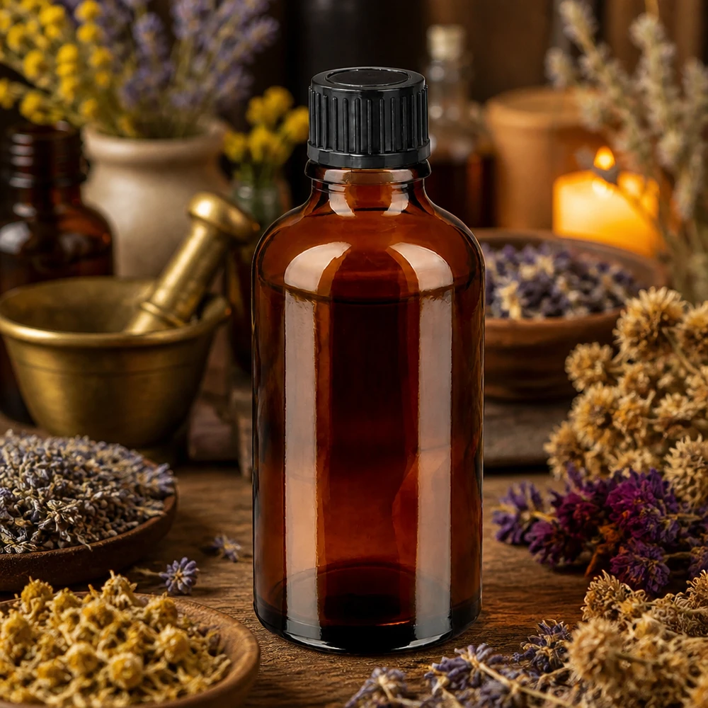 50ml fles 11mm SV zwart STD BrownLine UT18/50 Kleine 50ml apothekersfles van bruin glas met zwarte dop voor natuurgeneeskunde