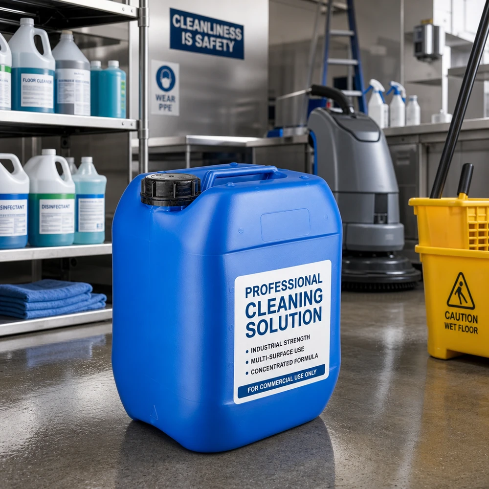 Stapelbare kunststofkan van 10 liter, blauw, met OV-sluiting, voor reinigingsmiddelen, opslag