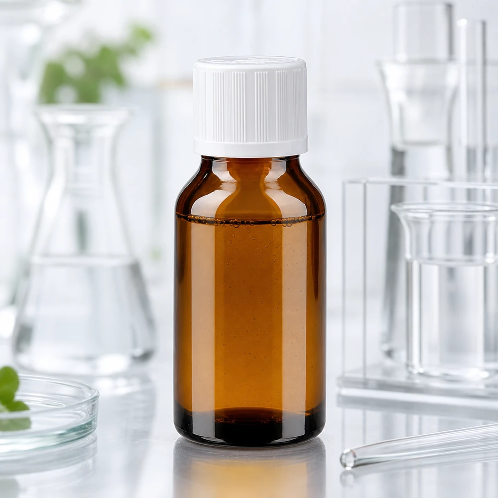 Compacte druppelfles van bruin glas van 15 ml met witte KiSi-schroefdop voor farmaceutische producten