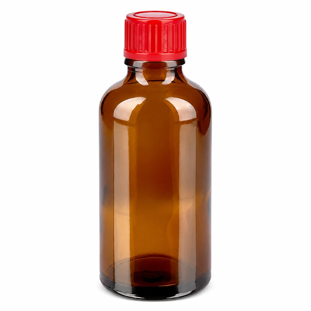 50ml BrownLine flesje gemaakt van UV-beschermend amberkleurig glas met standaard rode dop