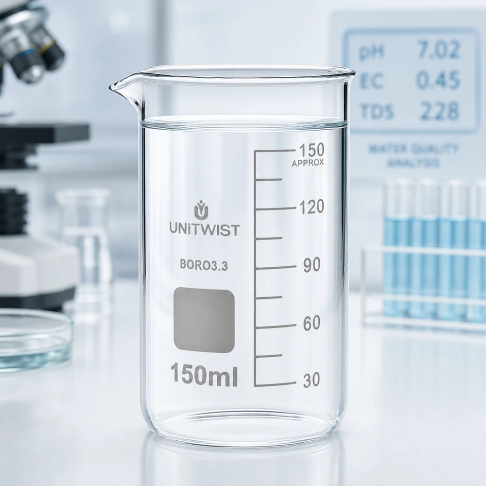 Transparant laboratoriumglas UNITWIST 150 ml, hoog model met schaalverdeling van 30 tot 150 ml, borosilicaatglas