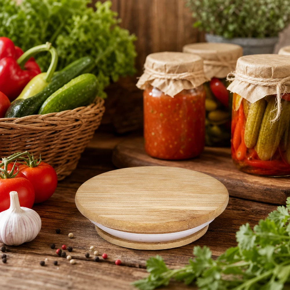 WECK RR60 houten deksel in een rustieke keukensetting met ingemaakte groenten en verse ingrediënten op een houten tafel