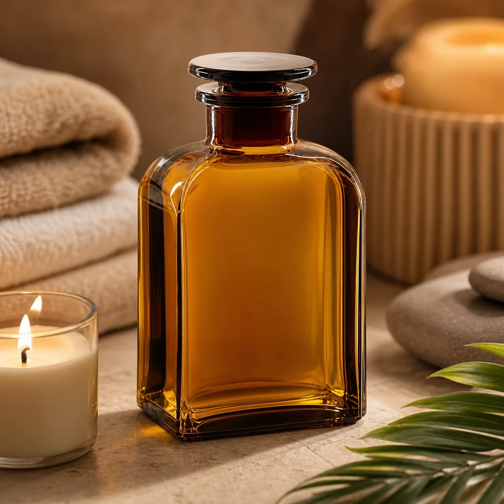 Vierkant-apothekersfles 500 ml wijde hals bruin glas incl. glazen stop Stevige vierkante fles van 500 ml, bruin glas, met brede hals, voor badoliën en aromatherapie