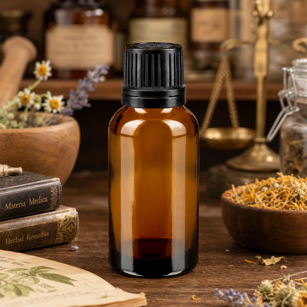 Apotheekglasflesje met smalle hals van 20 ml, voorzien van een fraudebestendige zwarte dop, voor natuurgeneeskunde