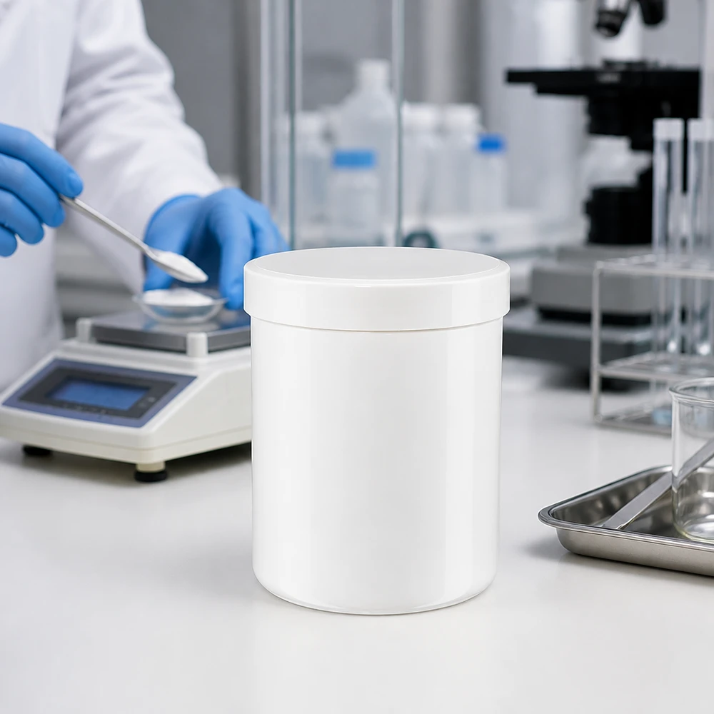 Stevige witte zalfpot met een inhoud van 200 ml, gemaakt van PP, met schroefdeksel, voor medische toepassingen
