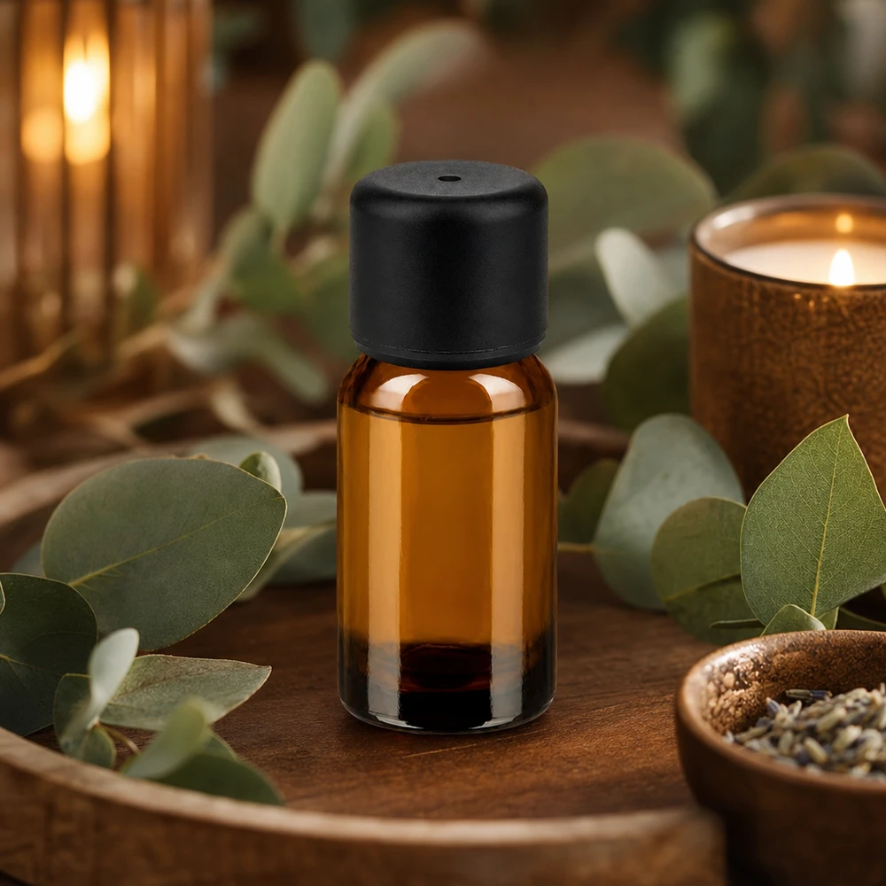 10ml fles 6mm SV zwart STD BrownLine UT18/10 Klein glazen flesje van 10 ml in bruin met zwart deksel voor natuurlijke essences en extracten