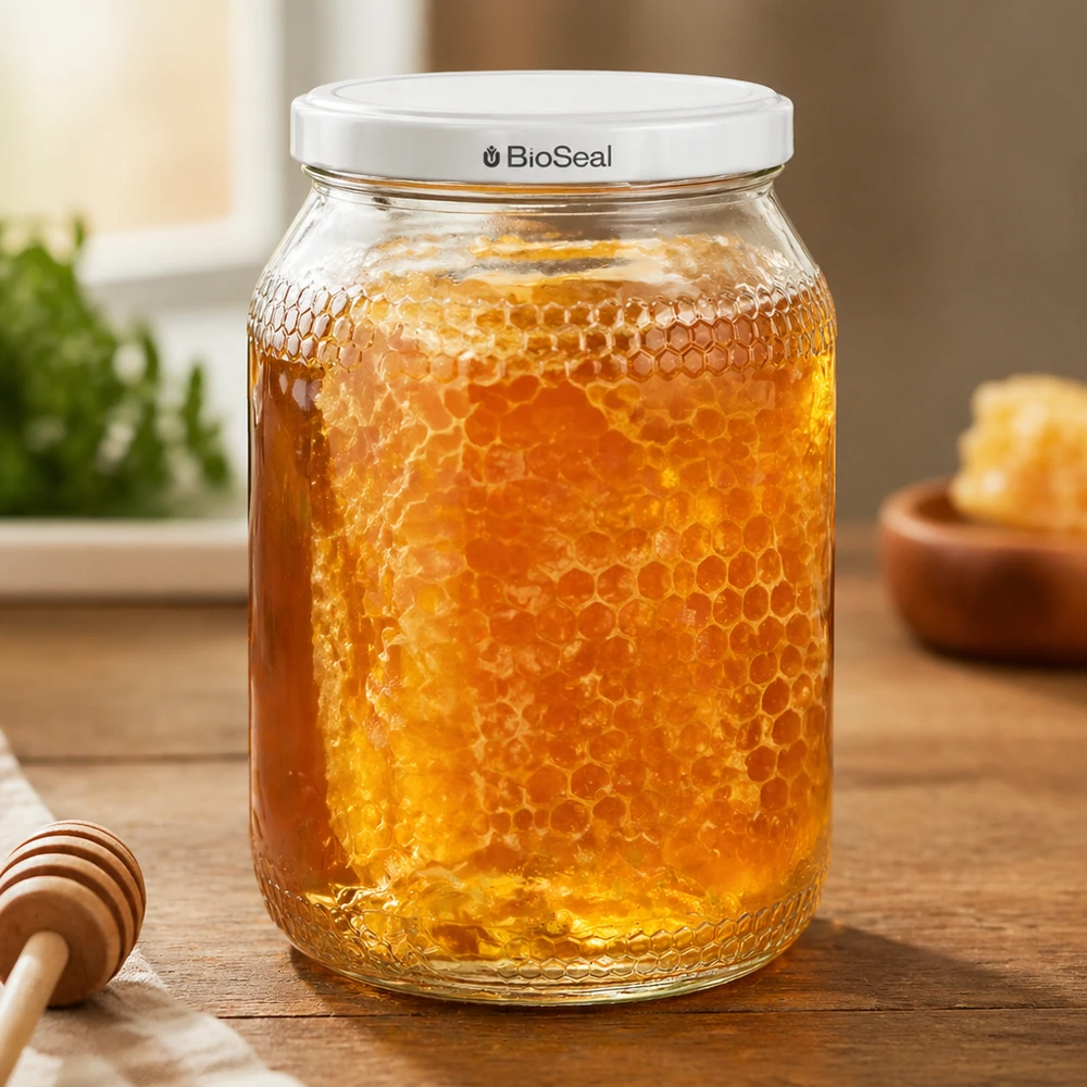 900 ml honingpot met BioSeal deksel gevuld met honingraat op houten tafel naast honinglepel in warme keuken