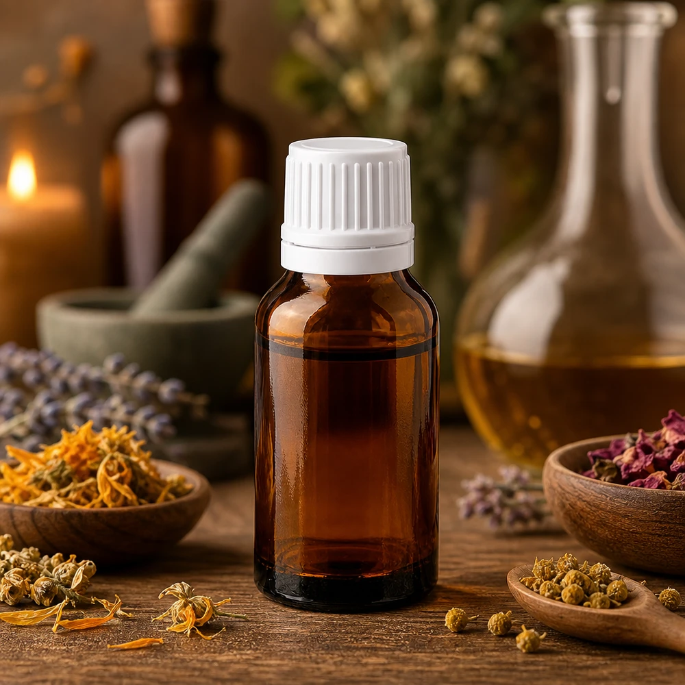 Bruine glazen fles 30ml met wit schroefsluiting VR Glazen flesje van 30 ml met UV-bescherming en een witte OV-dop, omringd door goudsbloemen en rozenblaadjes
