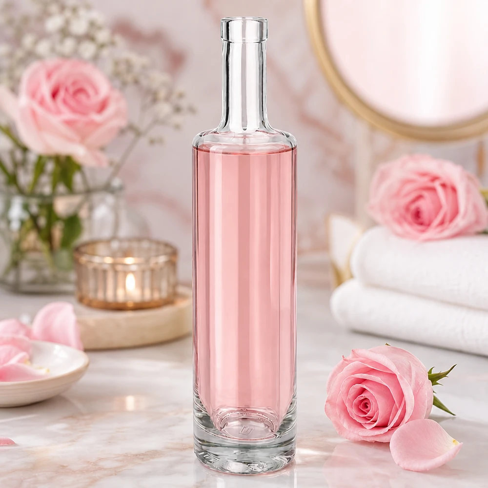 500 ml glazen fles Lina zonder sluiting UNiTWIST® 500ml Lina glazen fles met roze inhoud in een romantische spa sfeer met roze rozen en wellness decoratie