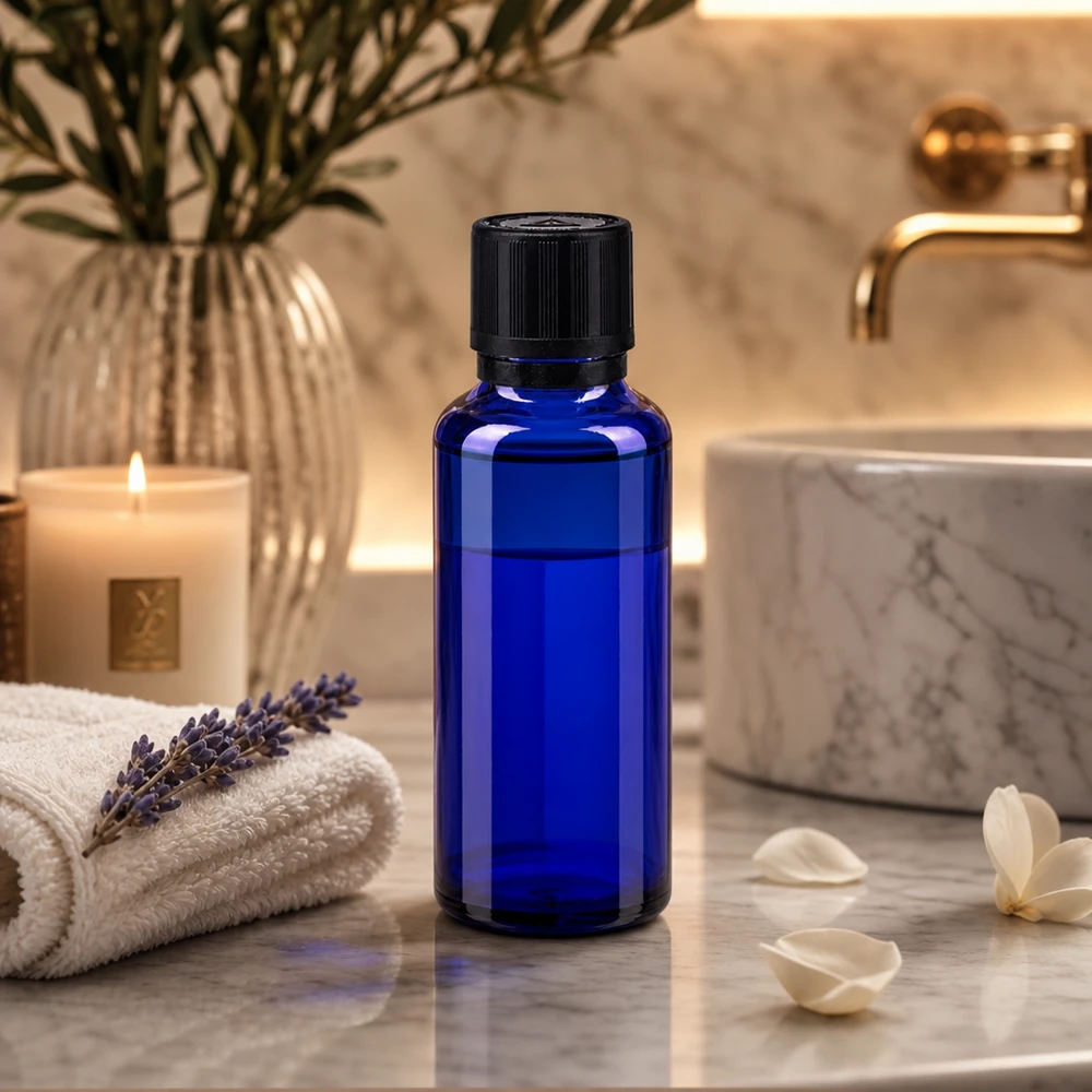 Blauwe glazen flessen 30ml met zwart druppelsluiting kinderslot Bliw VR Blauw flesje van 30 ml met een zwarte KiSi-dop op een marmeren schaal met lavendel en jasmijnbloesems
