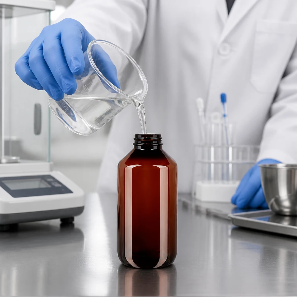 Het vullen van een PET-fles van 200 ml met een witte dop door een laboratoriumtechnicus