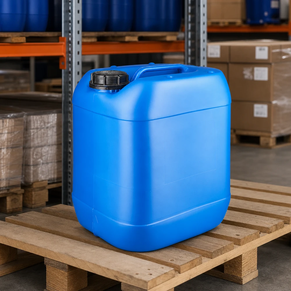 Blauwe, door de VN goedgekeurde jerrycan van 20 liter met OV-sluiting voor veilig vervoer van gevaarlijke stoffen