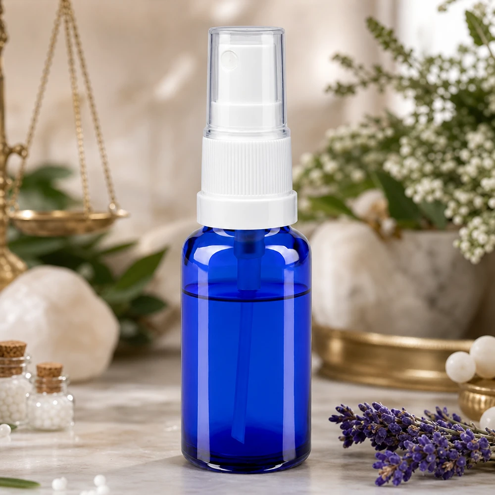Blauwe glazen flessen 20ml met wit pompverstuiver 20 ml blauwe glazen spuitfles STD met pompverstuiver op marmer naast kruiden en een weegschaal